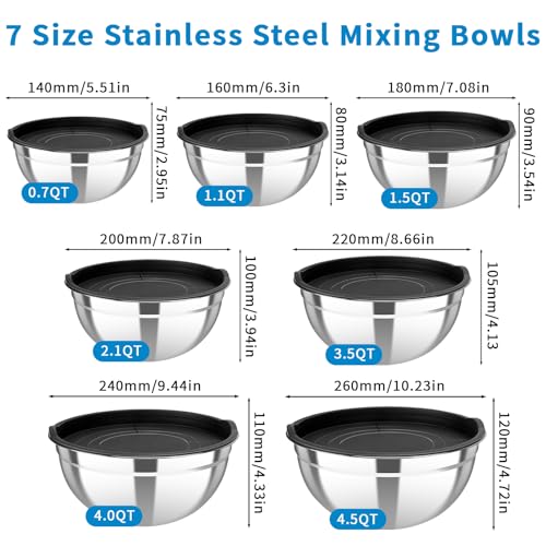 Stainless Steel Mixing Bowls with Lids, 7-Piece Nesting Bowl Set