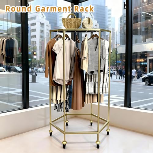31.5-Inch Rolling Round Clothes Rack With Wheels,Gold - size: 31.5"D ×52.56"H