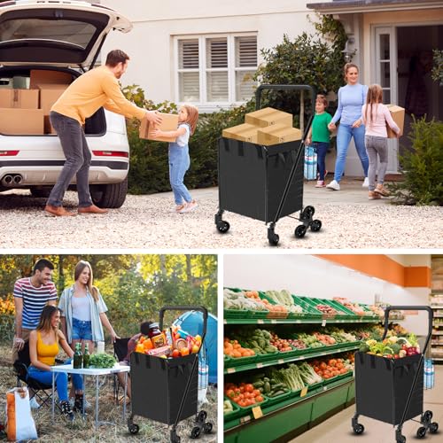 Folding Shopping Cart with Waterproof Liner, Heavy-Duty Stair-Climbing Grocery Cart with 360° Swivel Wheels - Extended Foam Handle - Utility Trolley for Laundry, Travel, Shopping (Black) - size: Stair-Climbing Medium+Black Bag