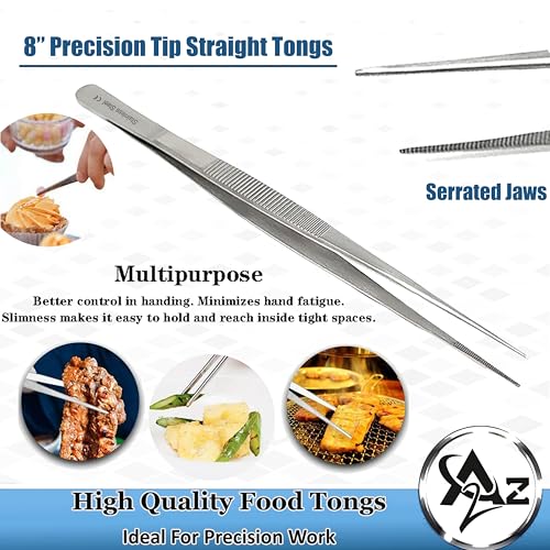 Professional Culinary Stainless Steel Precision Tongs with Serrated Tips, Plating/Food Presentation Detailing Serving Tongs, Chef's Kitchen Tweezer Tongs - Ultra Non-Slip Grip (8" STR Slim) - size: 8" Straight Slim