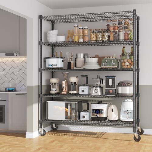 Himimi 82" H Storage Shelves 5 Tier Metal Shelving Adjustable Wire Shelf with Wheels, Heavy Duty Shelving for Garage Kitchen Pantry Bathroom Laundry,18" D*48" W*82" H, Black - color: Black, size: 18"D×48"W×82"H, 5-Tier