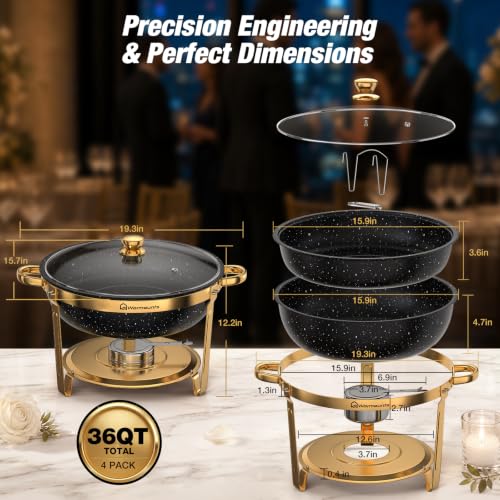 Chafing Dishes for Buffet, 4 Pack 9QT Gold Buffet Display Set, Granite-Coated Round Stainless Steel Food Warmers with Glass Lid Holder & Rolled-Edge, Stackable Storage Catering Events Supplies