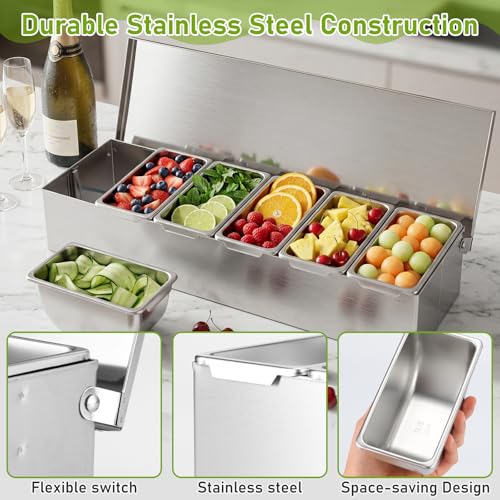 6 Compartments Stainless Steel Chilled Condiment Garnish Tray - size: 6 Compartments