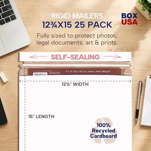 BOX USA Rigid Mailers 12" x 15" (25-Pack) - Cardboard Mailer Envelopes for Photos, Artwork, Certificates - Stay Flat - size: 12" x 15" (25-Pack)