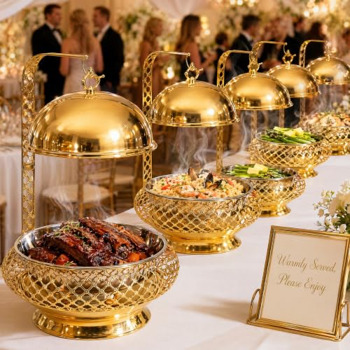 8QT Gold Chafing Dish Buffet Set with Hanging Lid, Luxury Stainless Steel Food Warmer, Elegant Hollow-Out Design Catering Server for Weddings, Parties, Hotel, Banquets, Christmas & Home Entertaining - color: Gold02