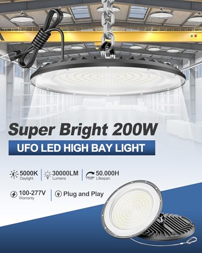 10Pack 200W Super Bright UFO LED High Bay Light, 5000K 30000LM AC100-277V Commercial High Bay LED Shop Lights IP65 with 5ft US Plug for Warehouse Workshop Barn Garage - size: 200W 10PACK