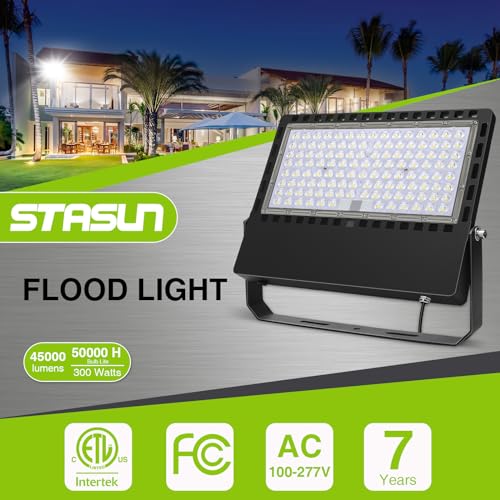 STASUN 300W 45000LM LED Flood Light Outdoor - High Lumen Super Bright, ETL Certified 100-277V 5000K Daylight White, IP67 Waterproof Stadium Lights for Arena, Parking Lot, Sports Court, Backyard - size: 300W