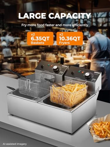 Commercial Deep Fryer with Basket, 3400W 20.7Qt Dual Tank Deep Fryer with Temperature Control, Large Capacity Stainless Steel Electric Countertop Fryer for Restaurant or Home Use