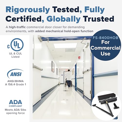 FORTSTRONG Commercial Door Closer - FS-8400 HOB - Heavy Duty Adjustable Grade 1 Standard Automatic Door Closing Hinge - ADA Compliant - Hold Open Function-Black Finish - color: FH-8400HOB