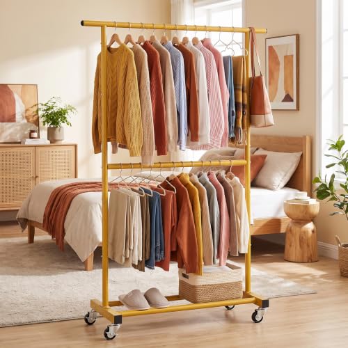 Sywhitta Double Rod Metal Clothing Garment Rack on Wheels, Gold - color: Gold, size: No mesh
