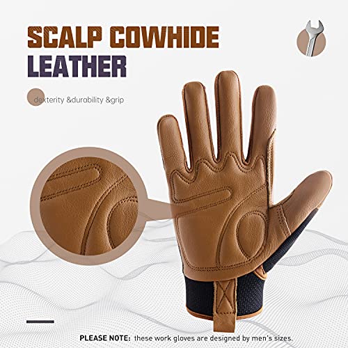 HANDLANDY Leather Work Gloves Mens & Women, Utility Safety Mechanic Working Gloves Touch Screen, Flexible Breathable Yard Work Gloves (Small, Brown-Cowhide Palm) - color: Brown (1 Pair), size: Small