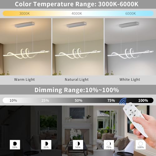 Modern Pendant Light Kitchen Island 39in Dimmable Hanging Lamp 3000k-6000K Adjustable Warm/Nautral/White with Remote Control, Kitchen Island Lighting Chrome Silver - color: A-Silver, size: 39inch