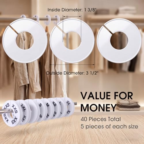 EBOOT 40 Pcs Clothing Size Dividers Round Closet Size Dividers Hangers Plastic Clothes Rack Preprinted in XXS to XXL for Home Retail Closet Storage or Standard Hangers Tags (White) - color: White