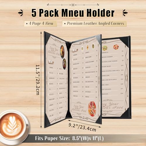 Restaurant Menu Covers Holders 8.5 X 11, 5 Pack Synthetic Leather Menu Holder Covers Book Style with Angled Corners Black for Wine List, Certificate Organizer Diploma Holder (3 Page 4 View) - size: 3 Page 4 View