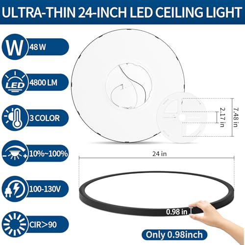 24'' Large Led Flush Mount Ceiling Light Fixture,Ultra Thin,Dimmable,Black - color: Black, size: 24 inch 1P