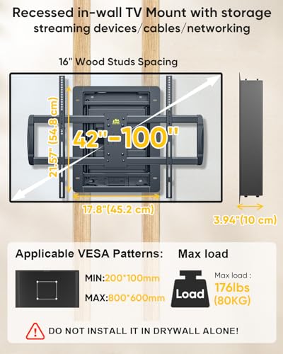 FORGING MOUNT Recessed TV Wall Mount for 50-100" TVs, Holds 176 lbs, VESA 800X600 Heavy Duty Full Motion in-Wall TV Mount for Flush Installation,Tilts, Swivels,Low Profile Design,Fits 16" Wood Stud