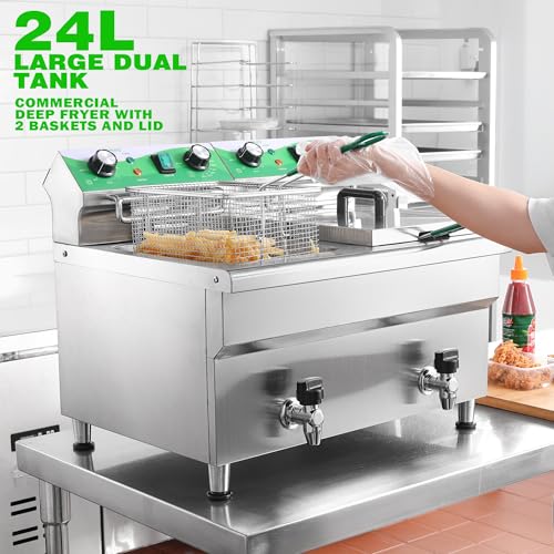 NUPANT 24L/25.4QT Commercial Deep Fryer with 2 Baskets and Lids, 110V Electric Fryer with Oil Filtration and Timer, Stainless Steel Large Double Tank Fryer Countertop Deep Fryer for Restaurant 3500W - size: 24L