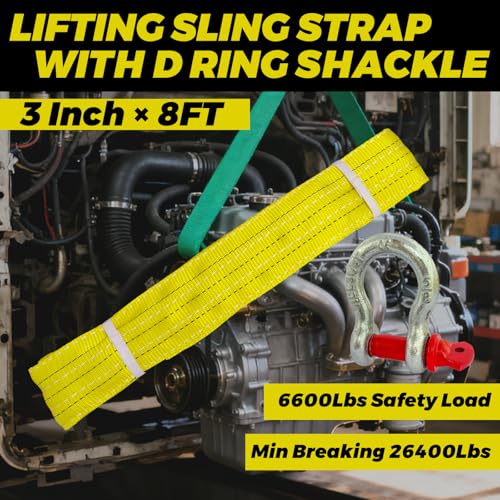 HENBOW Lifting Straps for Hoist,8' × 3" Heavy Duty Flat Lift Sling Straps with D Ring Shackle 6600 lbs Safety Load,Web Sling Car Tree Saver Winch Recovery - size: 3 Inch × 8 FT