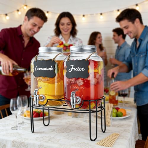 1 Gallon Glass Drink Dispensers For Parties, 2 Pack Beverage Dispenser,Lemonade Dispenser With Fruit Infuser And Stand For BBQ, Picnic, Party,Sun Tea