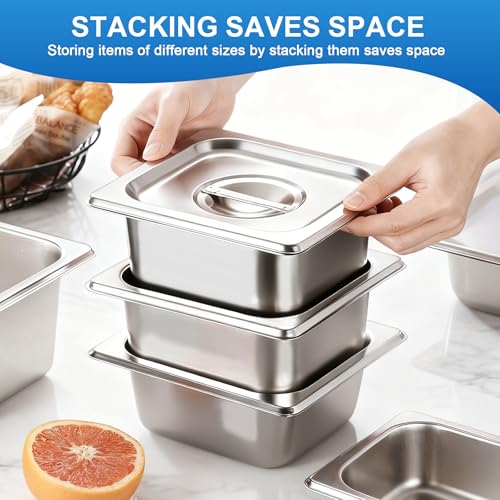Philbinden 4 Pack Stainless Steel Hotel Pans 1/6 Size 4 Inch Deep With Lids, 0.7 mm Thick 304 Stainless Steel Hotel Pans for Ffor Home, Party, Hotel, Buffet Commercial Kitchen Use
