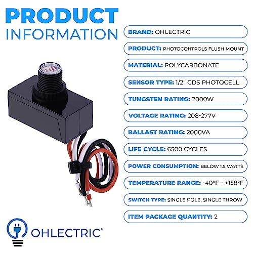 OhLectric Photoelectric Sensor - 208-227V Flush Mount Photoelectric Switch - 2000W Tungsten Rating - UL Listed & Weatherproof - Dusk to Dawn Photocell Sensor for Outdoor Lighting, Pack Of 2 - OL-45163 - size: 208-227V Flush Mount
