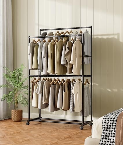 Clothes Rack - 36.2" x 21.3" x 72", 4-Bar Double Rod Rolling Metal Clothing Rack for Hanging Clothes, Portable Garment Rack with Wheels for Bedroom Laundry, Closet Wardrobe, Black - color: Black, size: 36.2" x 21.3" x 72"