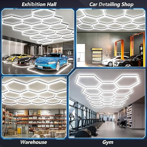 Bevenus Hexagon Garage Lights, 399W 6500K Super Bright LED Ceiling Light, Easy Install DIY Honeycomb Hex Light for Basement Workshop Warehouse Gym Car Detailing Shop (14 Grids) - size: 14 Grids