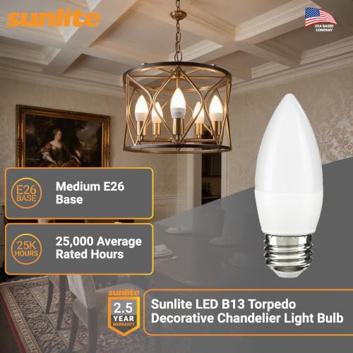 Sunlite LED B13 Torpedo Decorative Chandelier Light Bulb, 7 Watts (60W=), 500 Lmns, 120 Volts, Dimmable, E26 Base, 90 CRI, ETL Listed, Torpedo Frosted, Title-20, 4000K Cool White, 6 Pack - color: 4000k Cool White, size: 6PK Frost