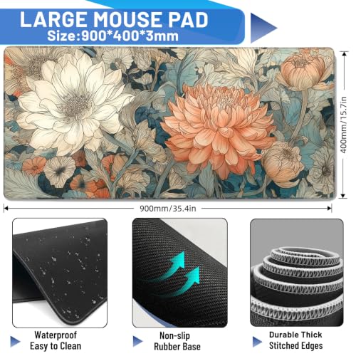 Floral Large Gaming Mouse Pad 35.7"X15.7" Thicken 3mm Mousepad Desk Mat Pad - color: Peony flower sea