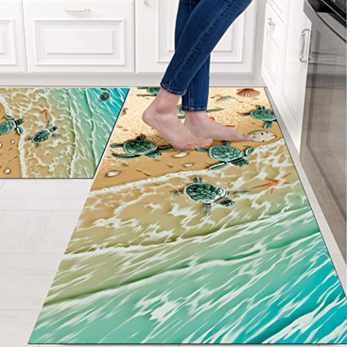 Beach Kitchen Rugs 2 Piece Set for Dog Sea Turtle Floor Mat, Nautical Rug Non Skid Washable Absorbent Nautical Kitchen Mat for in Front of Sink for Standing for Coastal Kitchen Decor 17"X30"+17"X47" - color: Beach Kitchen Mat