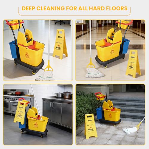 Commercial Cleaning Cart On Wheels, Floor Cleaning Rectangular Mop Bucket with Sturdy Down Press Wringer Combo, 38-Quart, Yellow,ADD One Heavy Duty Mop and Wet Floor Caution Sign(24Inch)