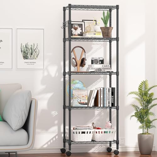 Himimi 5-Tier Wire Shelving Unit on Wheels, Adjustable Heavy Duty Metal Shelves with Side Hooks, Metal Organization Wire Rack for Kitchen Garage Basement, 13" L x 23" W x 72" H, Black - color: Black, size: 13.78"D x 23.23"W x 72.05"H, 5-Tier