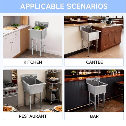 ROCKPOINT Stainless Steel Prep & Utility Sink with 8" Faucet, 1 Compartment Commercial Handmade Sink with 15" D x 15" W x 12" H Bowl for Restaurant,Kitchen,Laundry,Hotel and Home - size: 15"W x 15"D, style: compartment sink