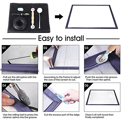 Windows Screen and Screen Door Repair Kit, 48"x118" Charcoal Fiberglass Mesh with Rolling Tool/Hook/Ruler/Cutter/Spline - Window Screen & Sliding Screen Door Replacement for Windows, TOOLTRIZ - color: Black, size: 48" x 118"