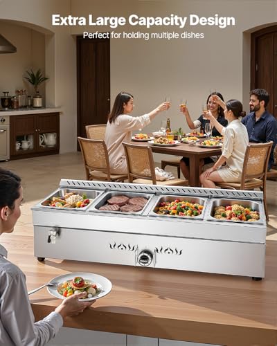 VEVOR 4-Pan Commercial Propane Steam Table, LP Gas Outdoor Soup Warmer with Drain Valve, Stainless Steel Propane Food Warmer with Adjustable Temperature, for Restaurant Party Outdoor Camping - size: 4×1/2 Pan;48QT