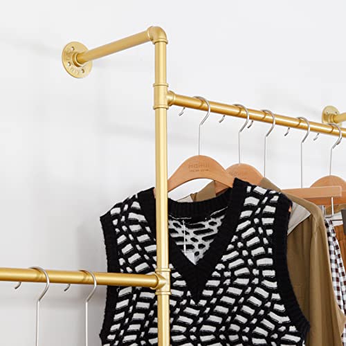 Industrial Pipe Clothing Rack Wall Mounted 5 Hanging Rods Garment Bar with Storage Shelf, Heavy Duty Metal Clothes Racks Closet System for Hanging Clothes Retail Display (Gold) - style: 5-Hanging with shelf Gold