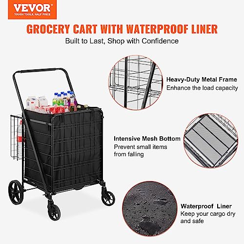 VEVOR Folding Shopping Cart with Removable Waterproof Liner, 330LBS Large Capacity Jumbo Grocery Cart with Dual Basket, 360° Swivel Wheels, Dense Metal Mesh Base, Heavy Duty Utility Cart for Shopping - size: Jumbo