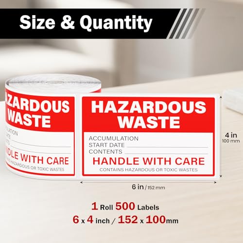 500 PCS Hazardous Waste Labels 6" x 4" Self-Adhesive Waste Stickers