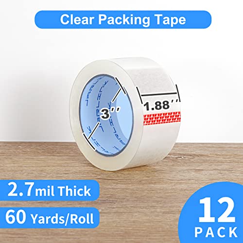 JARLINK Clear Packing Tape (12 Rolls), Heavy Duty Packaging Tape for Shipping Packaging Moving Sealing, 2.7mil Thick, 1.88 inches Wide, 60 Yards Per Roll, 720 Total Yards (Pack of 3) - size: 12 Rolls (2.7mil / 60 yd) (Pack of 3)