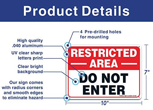 Restricted Area Sign, Do Not Enter Signs Metal, 4 Pack, 10 x 7 inch .40 Rust Free Aluminum, UV Protected, Weather Resistant, Waterproof, Durable Ink, Easy to install - color: Red/Black on White - 4 Pack, size: 10x7 inches