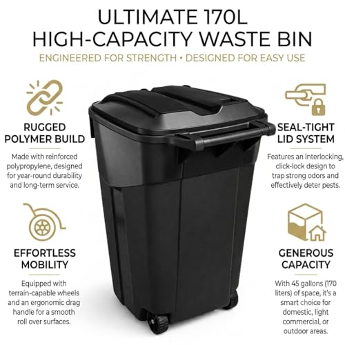 45 Gallon Heavy Duty Wheeled Outdoor Trash Can with Secure Click-Lock Lid, Weather-Resistant Rolling Garbage Bin with Large Comfort Handle and Bottom Hand Groove for Backyard, Patio, Garage, Black