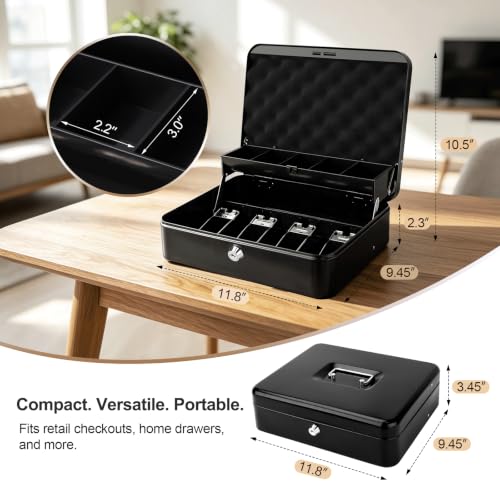 Cash Box with Money Tray and Key Lock,Safe Box for Cash Saving Key Lock Money Organizer,Cash Drawer, 11.8" x 9.5" x 3.5", K-Black - color: K-Black