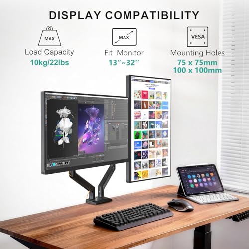 WALI Adjustable Dual Monitor Arm for 13-32 inch Screens, 22 lbs per Arm - color: Black (Dual), size: 13" to 32"