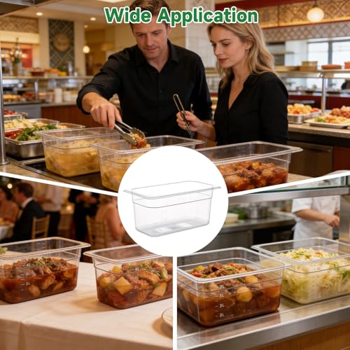 6 PCS Clear Food Pans, 1/3 Size 6 Inch Deep, 5 Qt Commercial Plastic Food Containers, Transparent Freezer-Safe Storage Pans with Frosted Non-Slip Bottom for Kitchen Prep Restaurant Buffet Party