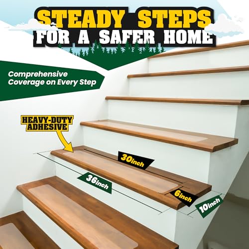 16 Pack Extra Wide Stair Treads Non Slip - 30"x6" Wide Clear Non Slip Stair Treads for Wood Steps | Self-Adhesive Anti Slip Strips for Kids, Seniors & Large Dogs | Includes Rubber Roller - size: 30" x 6"