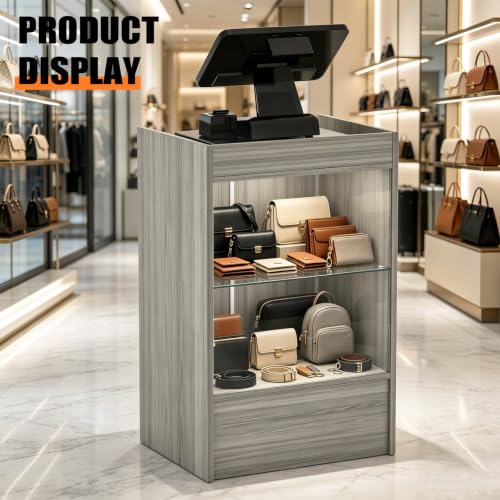 24" W x 38" H x 18" D Wooden Cash Register Stand, Podium Stand, Restaurant Reception Desk with Lockable Sliding Doors and Storage compartments. (Gray Wood Grain) - color: Gray Wood Grain