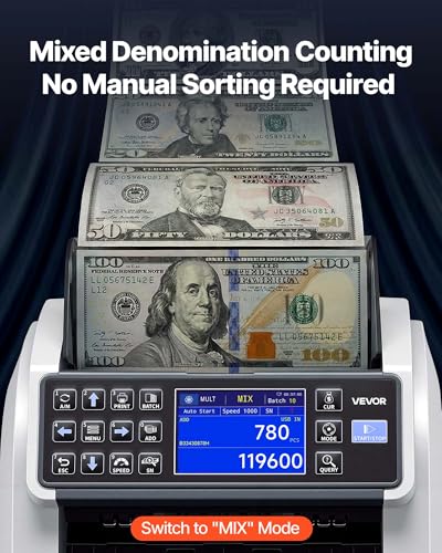 VEVOR Mixed Denomination Money Counter Machine, Multi-Currency Support, Bill Counter with CIS/UV/MG/IR/DD/DBL/HLF/CHN Counterfeit Detection, Money Counting Machine with External Display - size: WRM996