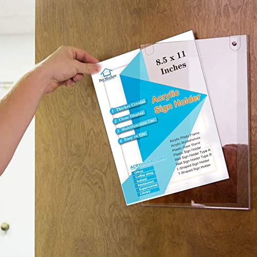 PecMuikee Acrylic Sign Holder 8.5x11 Vertical, Wall Mount Acrylic Sign Holder and Plastic Paper Display Ad Frame bonus with 3M Tape and Mounting Screws for Restaurants, Office, Market, Library, Store, 2 Pcs