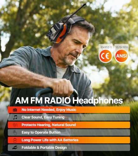 Digital AM/FM Radio Hearing Protection Earmuffs, 25 dB NRR - color: Am Fm Radio + Orange