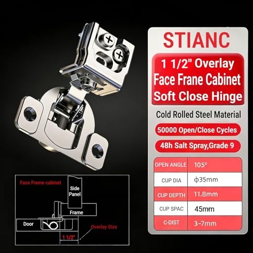 10 Pcs 1 1/2" Overlay Soft Close Cabinet Hinges 105° 3D Adjustable - size: 1-1/2"